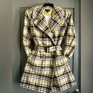Lands' End Green Plaid belted Trench Coat size L 14-16